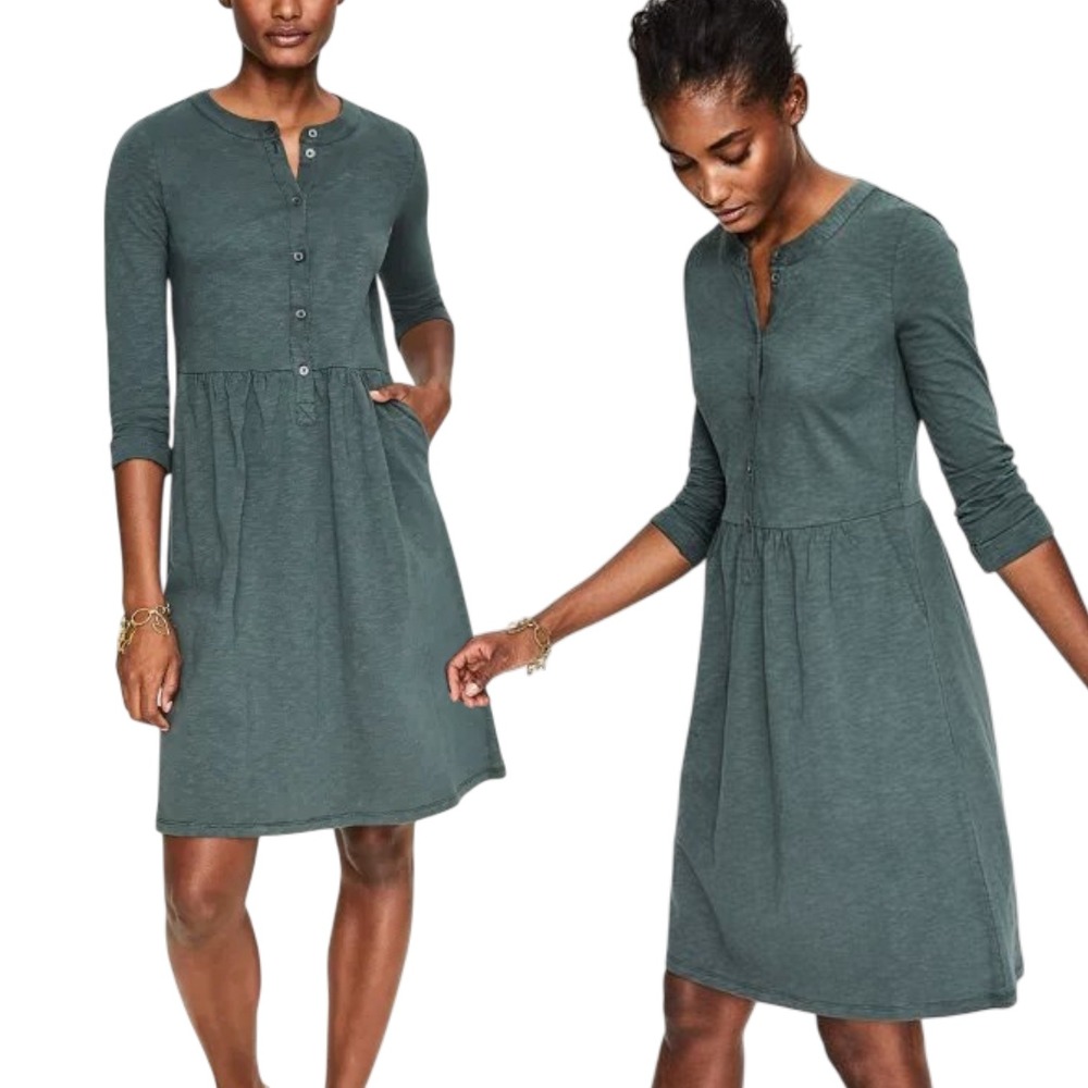 NWT Boden 10R Sage Green Briar Slub Jersey Drop Waist Henley Pocket Midi Dress